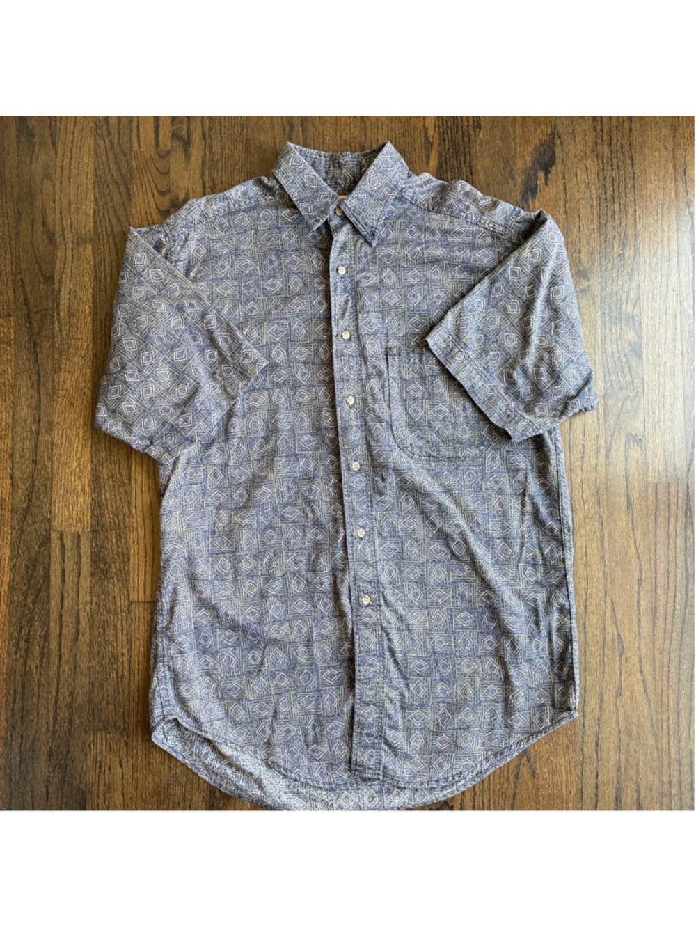 Woolrich Vintage Men Button Shirt Cotton Pocket Pattern Print Distressed Navy M